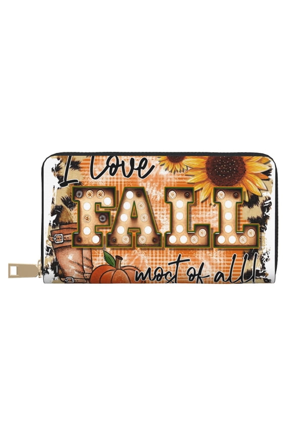 Leather Thin Slim Wallets for Women Men - I Love Fall Most Of All Clutch Card Wallet for Women Men with Zipper