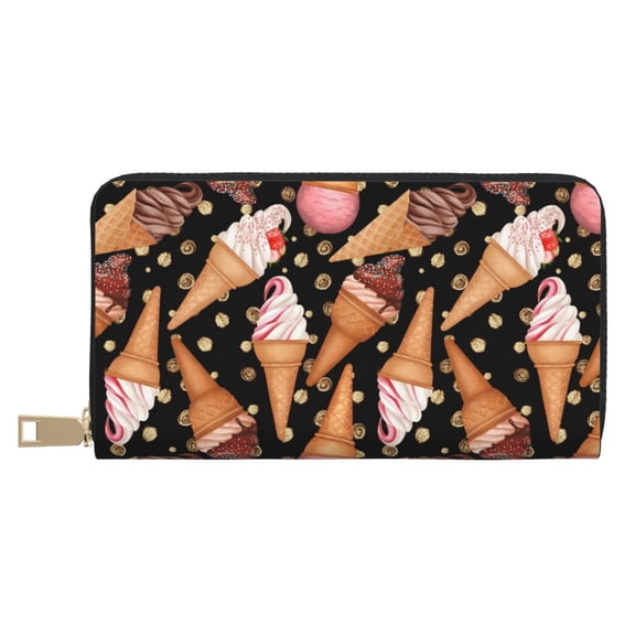 Leather Thin Slim Wallets for Women Men - Ice Cream No.J9011 Clutch Card Wallet for Women Men with Zipper