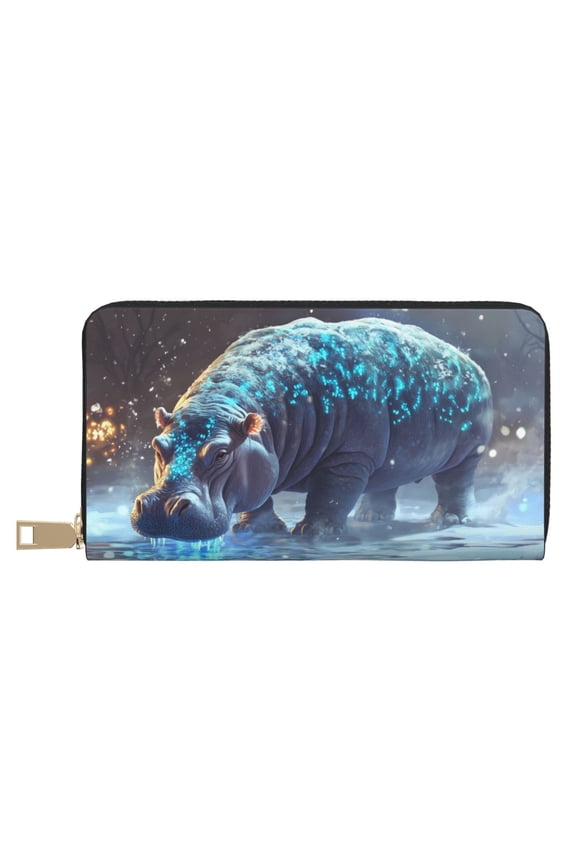 Leather Thin Slim Wallets for Women Men - Ice blue polka dot snow hippo Clutch Card Wallet for Women Men with Zipper