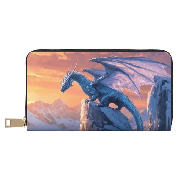 Leather Thin Slim Wallets for Women Men - Iceberg Cool White Dragon Clutch Card Wallet for Women Men with Zipper