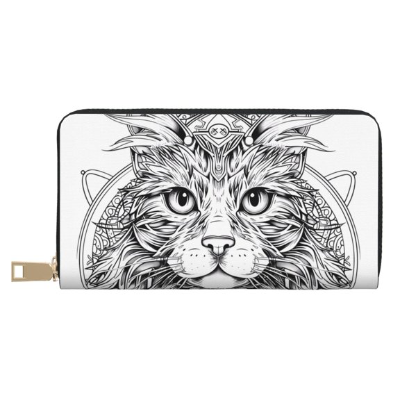 Leather Thin Slim Wallets for Women Men - Intricate Cat Mandala Clutch Card Wallet for Women Men with Zipper