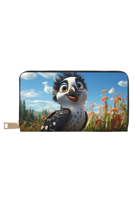 Leather Thin Slim Wallets for Women Men - Joyful Animated Bird Clutch Card Wallet for Women Men with Zipper