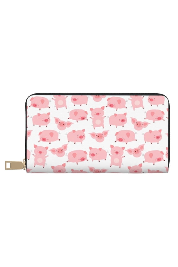 Leather Thin Slim Wallets for Women Men - Kawaii Pigs Clutch Card Wallet for Women Men with Zipper