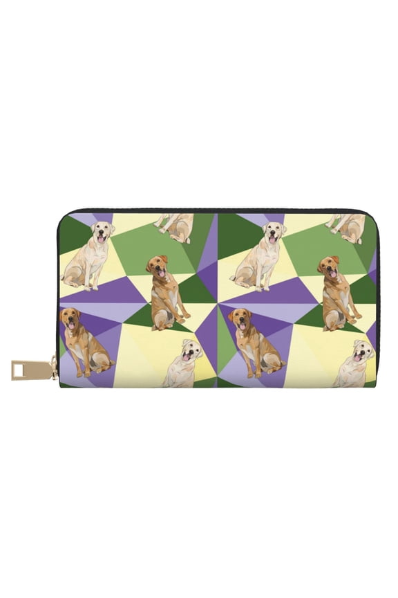 Leather Thin Slim Wallets for Women Men - Labrador Retriever Dog Green Purple Clutch Card Wallet for Women Men with Zipper