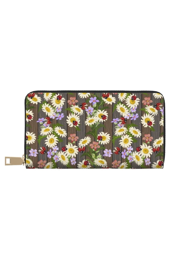 Leather Thin Slim Wallets for Women Men - Ladybugs And Flowers On A Wooden Clutch Card Wallet for Women Men with Zipper