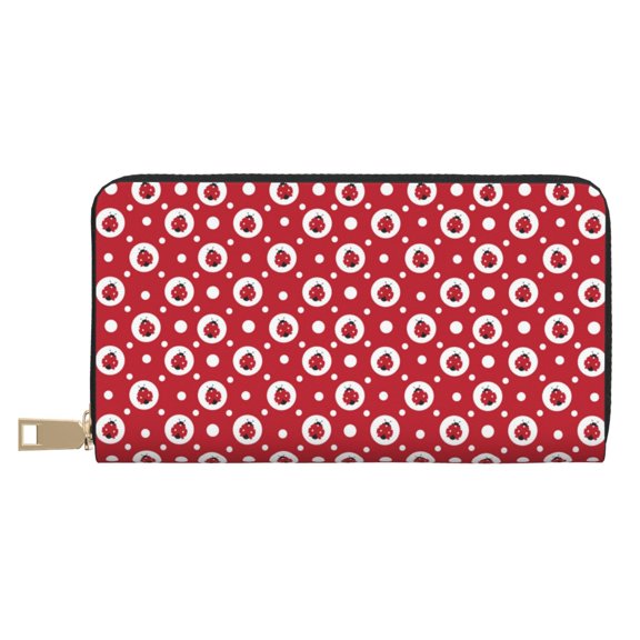 Leather Thin Slim Wallets for Women Men - Ladybugs And White Dots Clutch Card Wallet for Women Men with Zipper