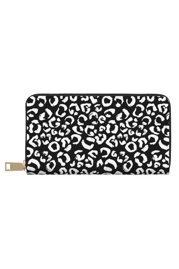 Leather Thin Slim Wallets for Women Men - Leopard cool black white print Clutch Card Wallet for Women Men with Zipper
