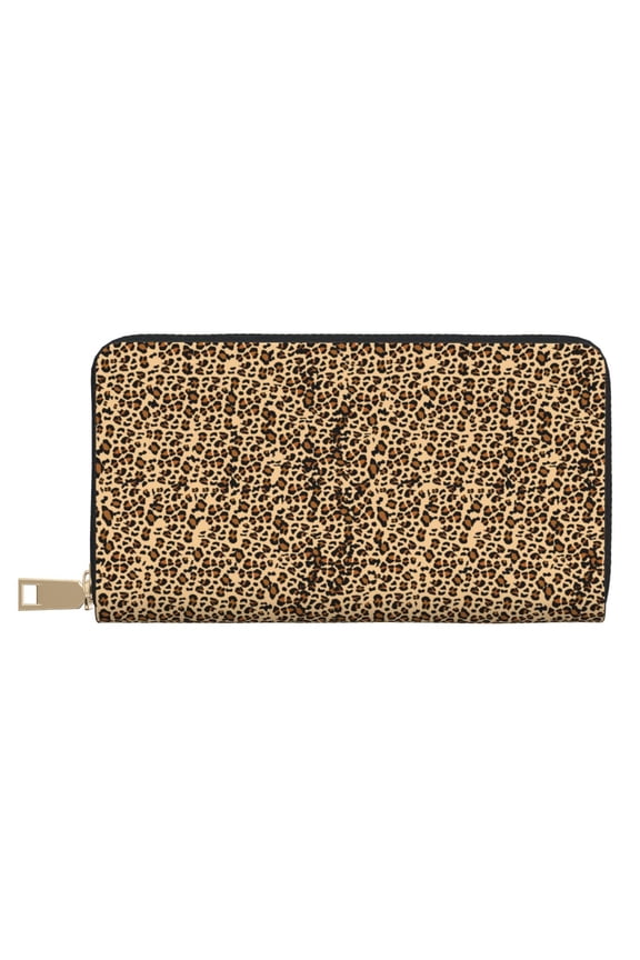 Leather Thin Slim Wallets for Women Men - Leopard print brown Clutch Card Wallet for Women Men with Zipper