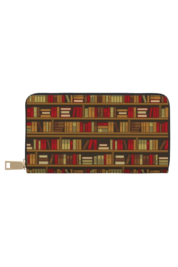 Leather Thin Slim Wallets for Women Men - Library Book Shelf vintage Clutch Card Wallet for Women Men with Zipper