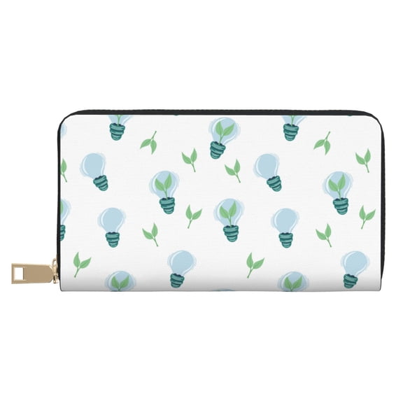 Leather Thin Slim Wallets for Women Men - Light Bulb Pattern leaf Clutch Card Wallet for Women Men with Zipper