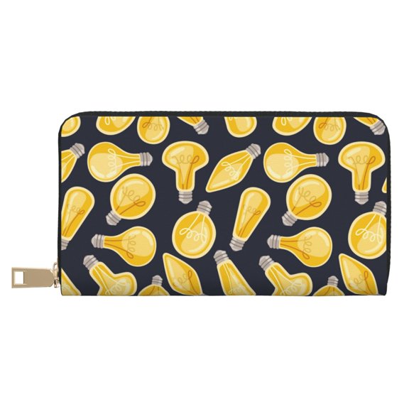 Leather Thin Slim Wallets for Women Men - Light Bulb Print Clutch Card Wallet for Women Men with Zipper