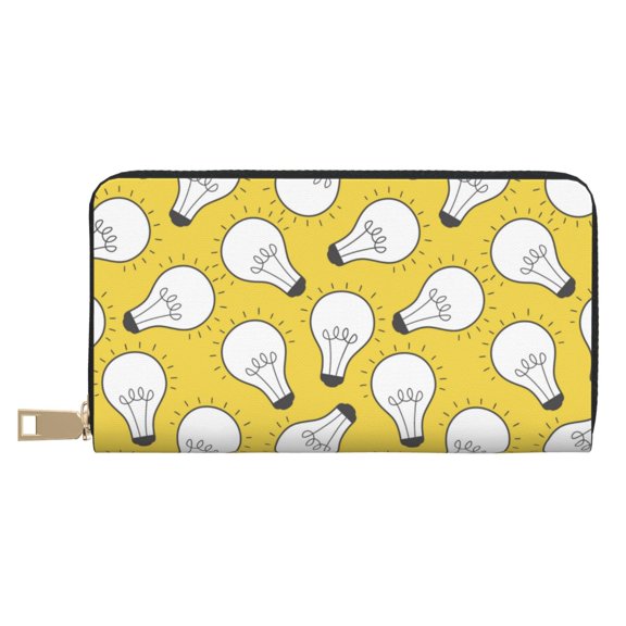 Leather Thin Slim Wallets for Women Men - Light Bulb Print yellow Clutch Card Wallet for Women Men with Zipper