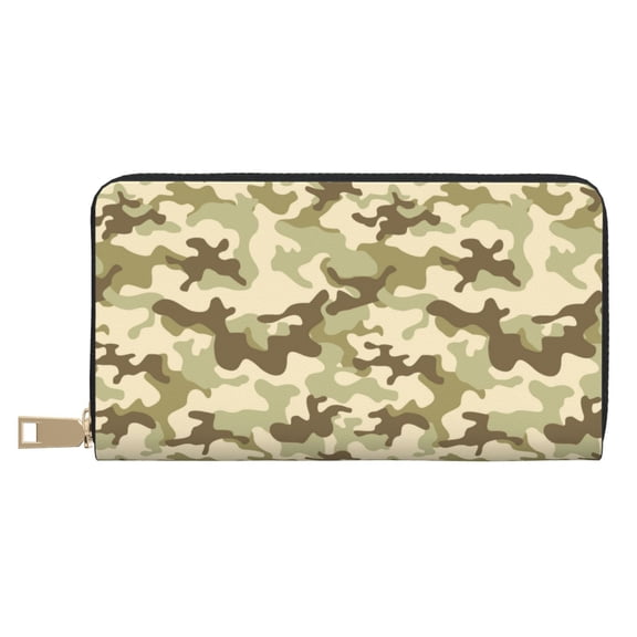 Leather Thin Slim Wallets for Women Men - Light Green Camouflage Clutch Card Wallet for Women Men with Zipper