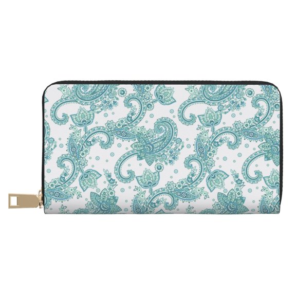 Leather Thin Slim Wallets for Women Men - Light Green Flower Paisley Clutch Card Wallet for Women Men with Zipper