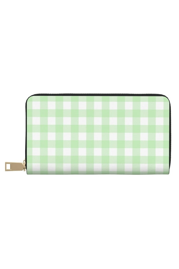Leather Thin Slim Wallets for Women Men - Light green plaids Checkered Clutch Card Wallet for Women Men with Zipper