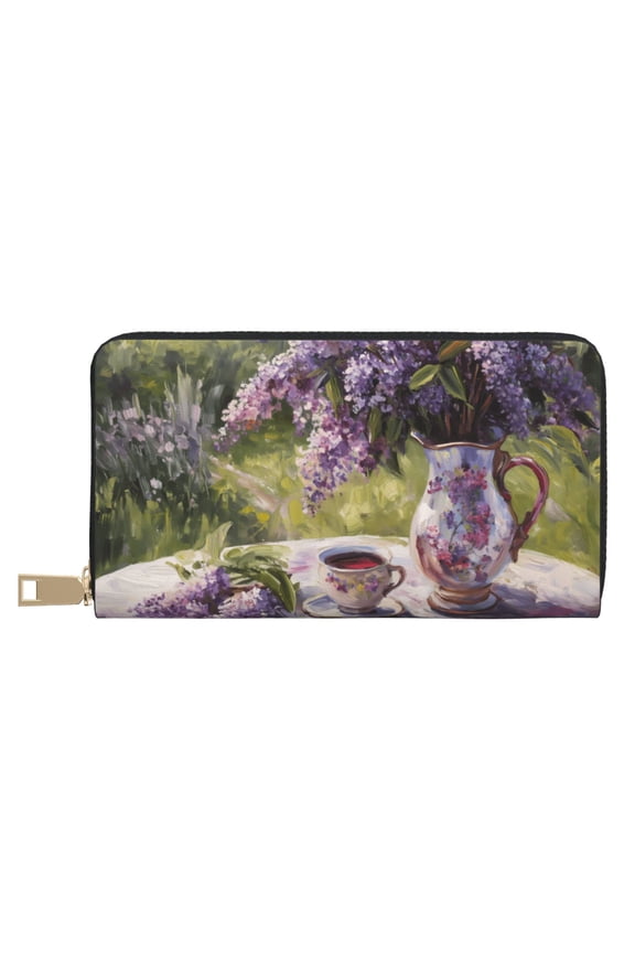 Leather Thin Slim Wallets for Women Men - Lilacs Teapot Scenic Painting Clutch Card Wallet for Women Men with Zipper