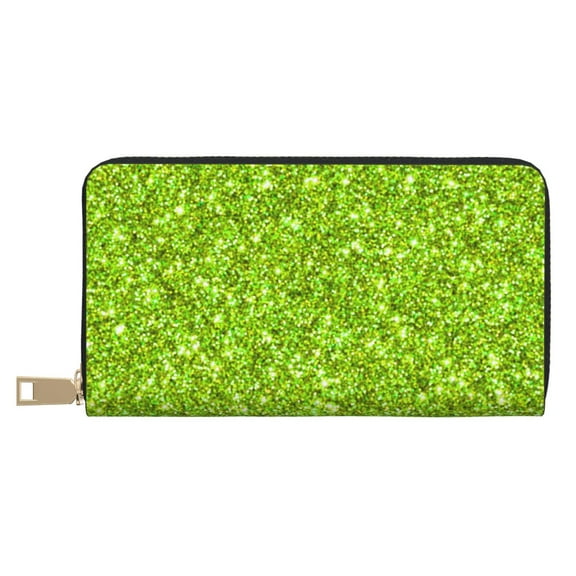 Leather Thin Slim Wallets for Women Men - Lime green glitter Clutch Card Wallet for Women Men with Zipper