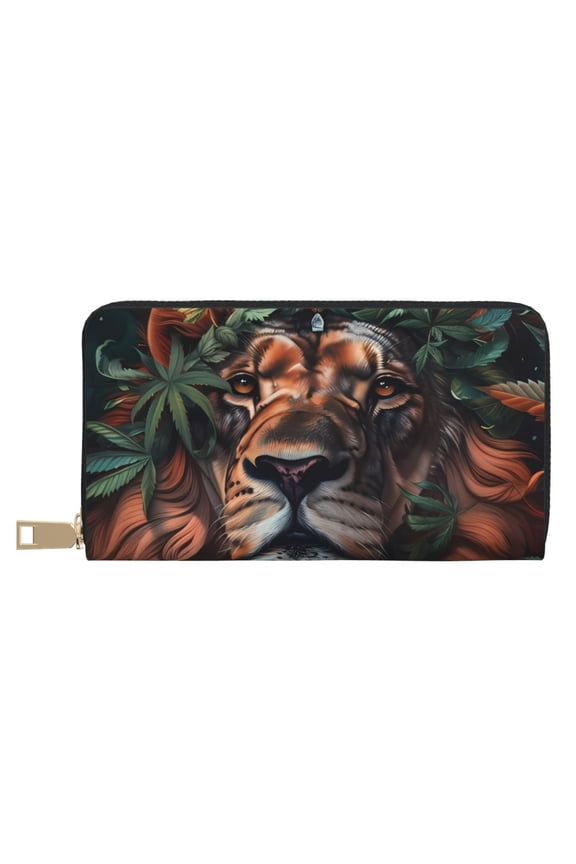 Leather Thin Slim Wallets for Women Men - Lion Forest Crown Clutch Card Wallet for Women Men with Zipper
