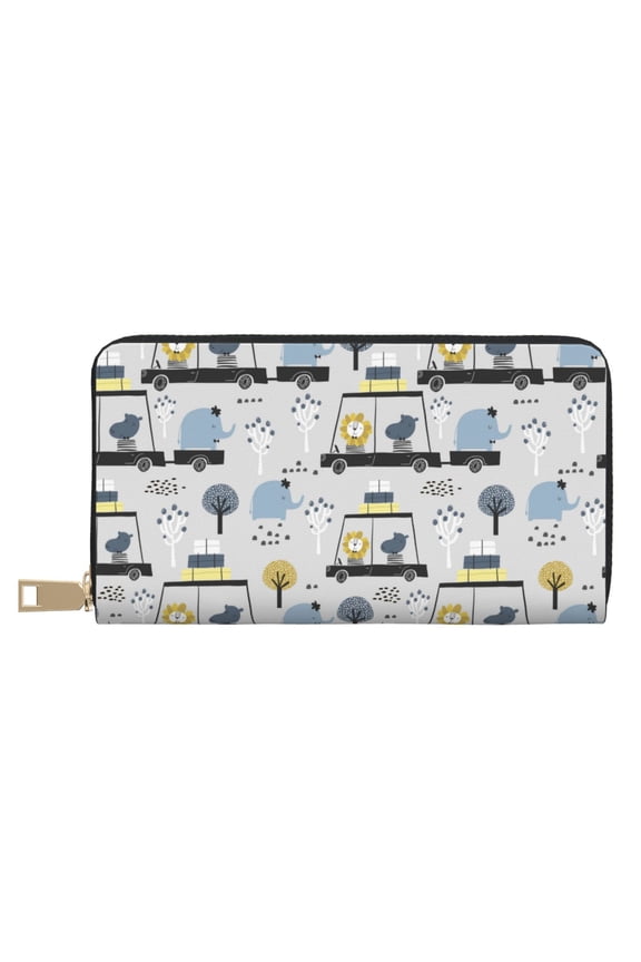 Leather Thin Slim Wallets for Women Men - Lion Hippo Elephant On The Car Clutch Card Wallet for Women Men with Zipper