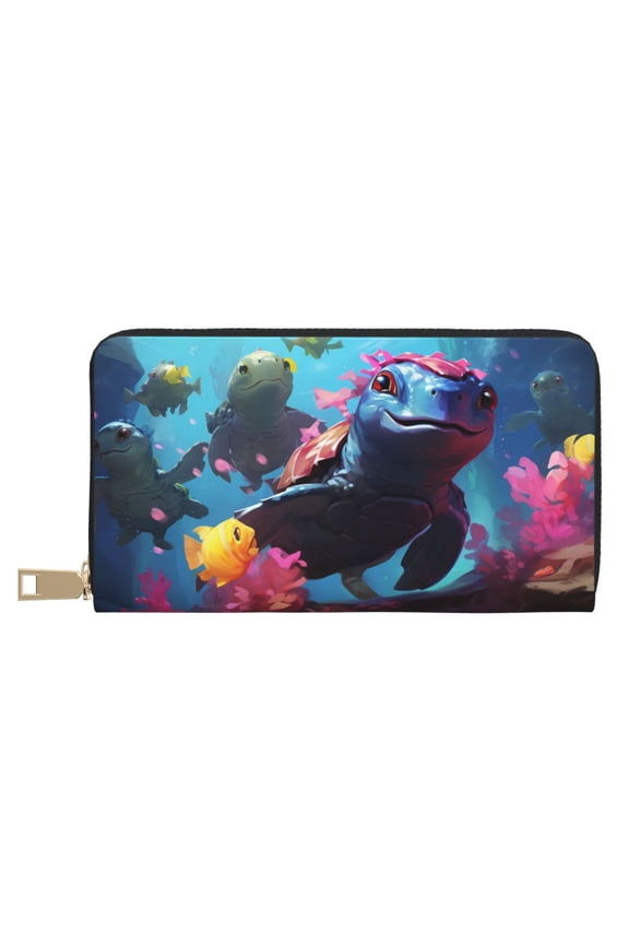 Leather Thin Slim Wallets for Women Men - Lively Cute Turtle Clutch Card Wallet for Women Men with Zipper