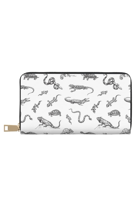 Leather Thin Slim Wallets for Women Men - Lizard Snake Turtle Crocodile Clutch Card Wallet for Women Men with Zipper