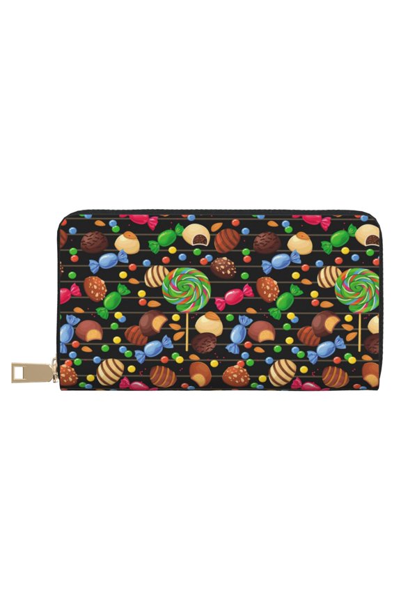 Leather Thin Slim Wallets for Women Men - Lollipop Candy Chocolate Bean Print Clutch Card Wallet for Women Men with Zipper