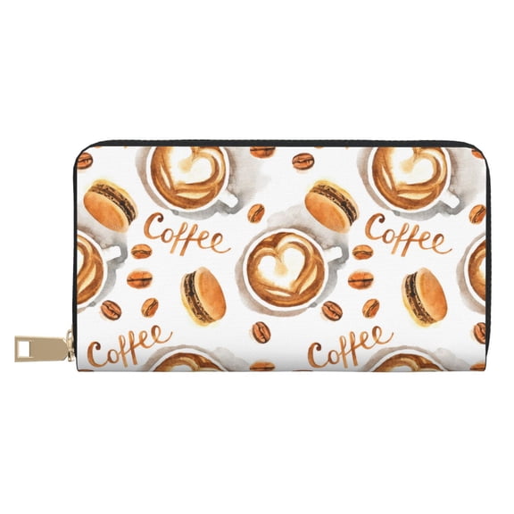 Leather Thin Slim Wallets for Women Men - Love Coffee Print Clutch Card Wallet for Women Men with Zipper