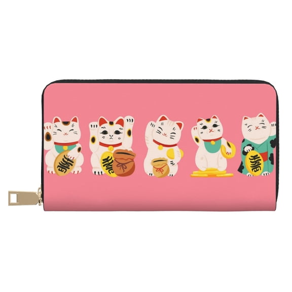 Leather Thin Slim Wallets for Women Men - Lucky Cat ,Cute Cat Clutch Card Wallet for Women Men with Zipper