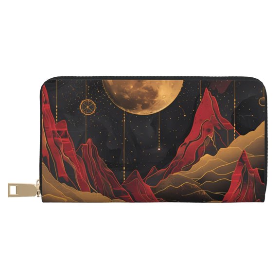 Leather Thin Slim Wallets for Women Men - Lunar Mountains Golden Rivers Clutch Card Wallet for Women Men with Zipper