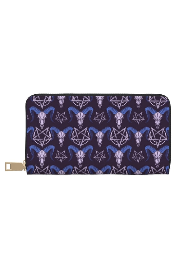 Leather Thin Slim Wallets for Women Men - Magic Cartoon Cool Goat Head Stars Clutch Card Wallet for Women Men with Zipper