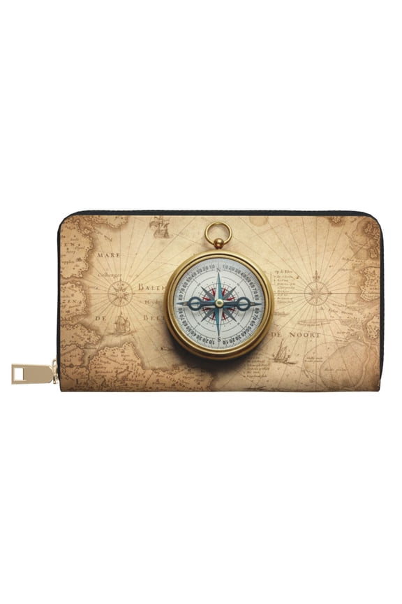 Leather Thin Slim Wallets for Women Men - Magnetic Old Compass On World Map Clutch Card Wallet for Women Men with Zipper