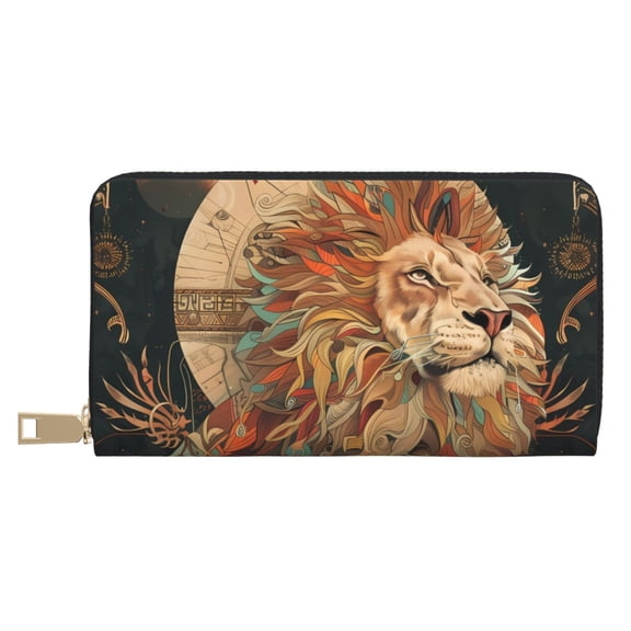 Leather Thin Slim Wallets for Women Men - Majestic Cosmic Lion Clutch Card Wallet for Women Men with Zipper