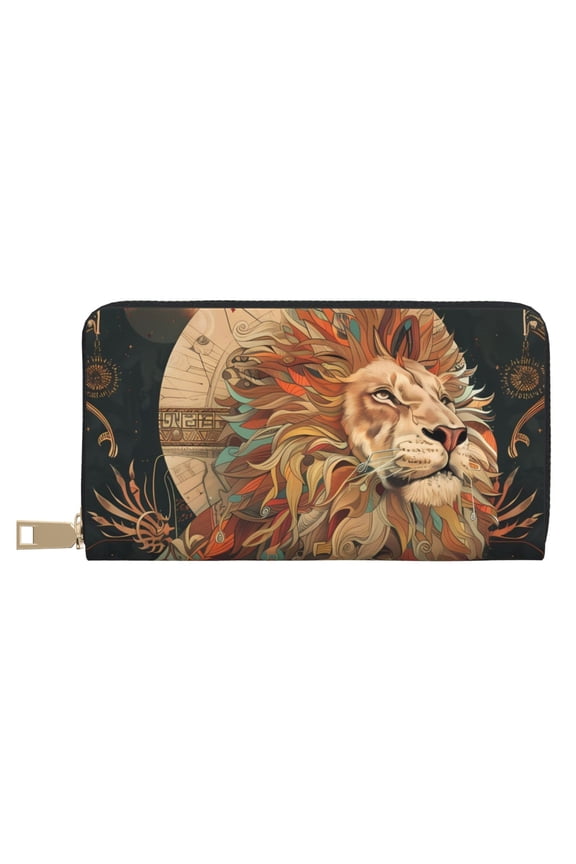 Leather Thin Slim Wallets for Women Men - Majestic Cosmic Lion Clutch Card Wallet for Women Men with Zipper