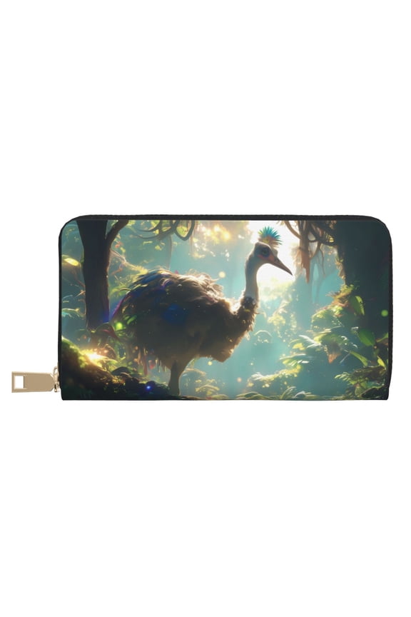Leather Thin Slim Wallets for Women Men - Majestic Ostrich In Forest Clutch Card Wallet for Women Men with Zipper