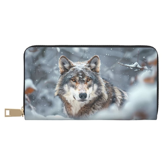 Leather Thin Slim Wallets for Women Men - Majestic Snowy Wolf Clutch Card Wallet for Women Men with Zipper