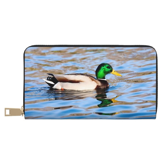 Leather Thin Slim Wallets for Women Men - Mallard Duck Swimming In A River Clutch Card Wallet for Women Men with Zipper