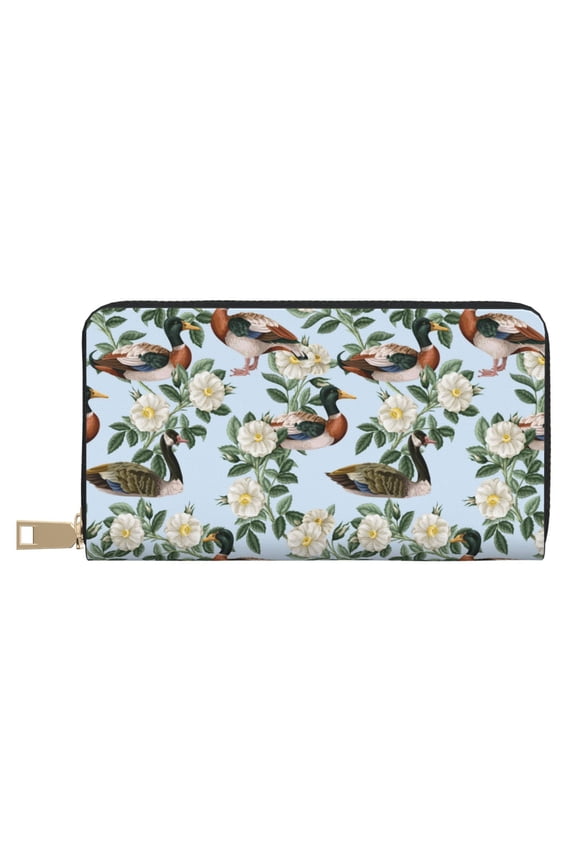 Leather Thin Slim Wallets for Women Men - Mallard Ducks And Roses Clutch Card Wallet for Women Men with Zipper