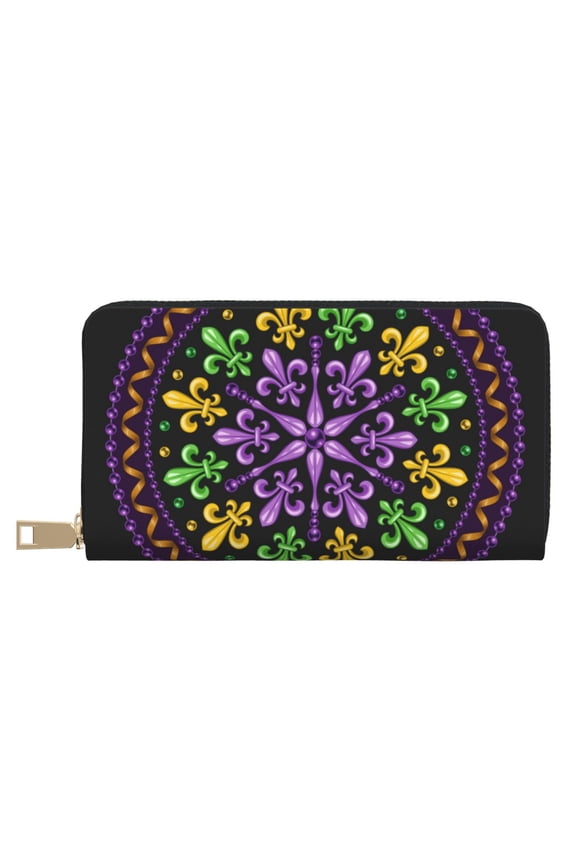 Leather Thin Slim Wallets for Women Men - Mardi Gras5 Clutch Card Wallet for Women Men with Zipper