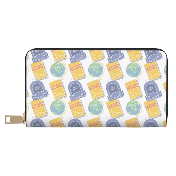 Leather Thin Slim Wallets for Women Men - Math book globe Clutch Card Wallet for Women Men with Zipper