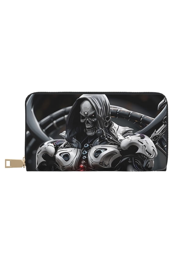 Leather Thin Slim Wallets for Women Men - Mecha Skeleton Warrior Clutch Card Wallet for Women Men with Zipper