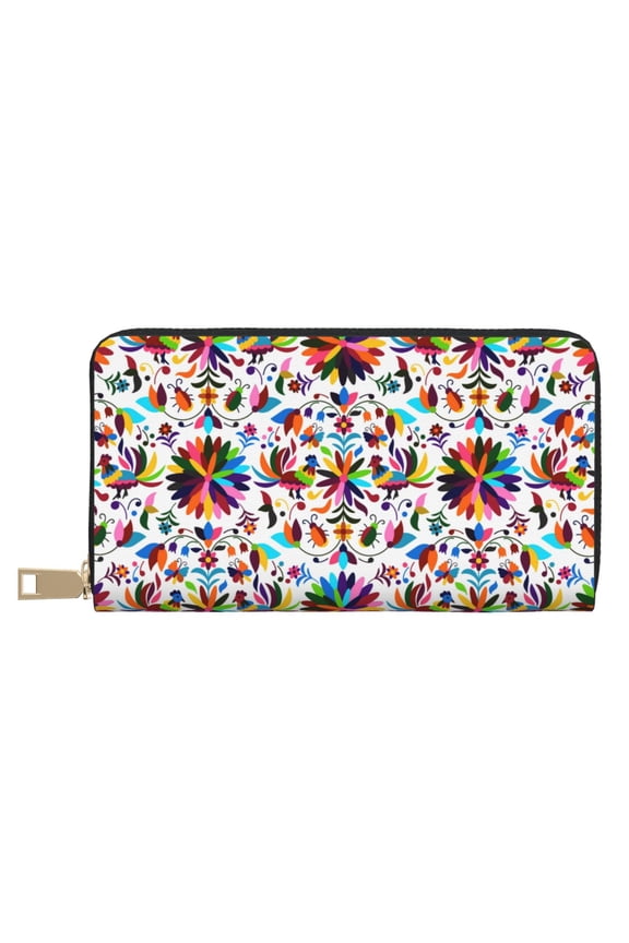Leather Thin Slim Wallets for Women Men - Mexican Bright Style Clutch Card Wallet for Women Men with Zipper