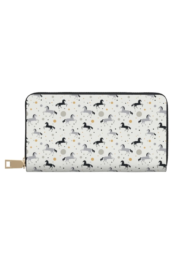 Leather Thin Slim Wallets for Women Men - Minimalist Cool Horses Polka Dots Clutch Card Wallet for Women Men with Zipper