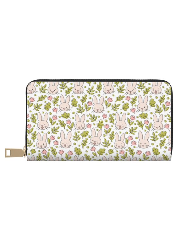 Leather Thin Slim Wallets for Women Men - Minimalist Cute Rabbit Head Flower Clutch Card Wallet for Women Men with Zipper