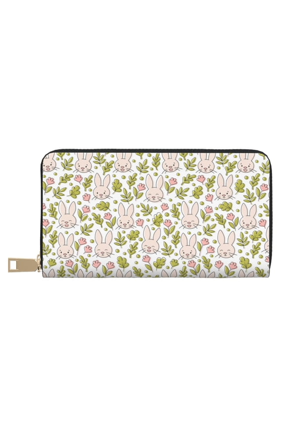 Leather Thin Slim Wallets for Women Men - Minimalist Cute Rabbit Head Flower Clutch Card Wallet for Women Men with Zipper