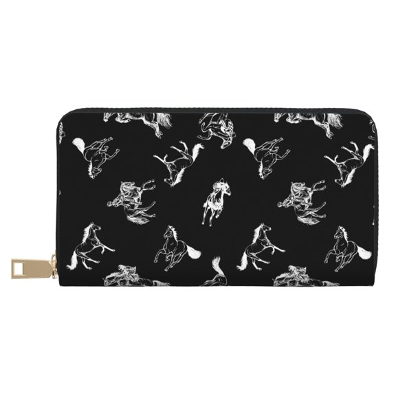 Leather Thin Slim Wallets for Women Men - Minimalist Sketch Knight Horse Clutch Card Wallet for Women Men with Zipper