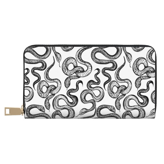 Leather Thin Slim Wallets for Women Men - Minimalist Sketch Snake White Clutch Card Wallet for Women Men with Zipper