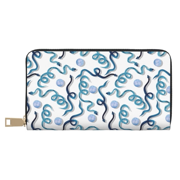 Leather Thin Slim Wallets for Women Men - Minimalist Stereoscopic Snake Blue Clutch Card Wallet for Women Men with Zipper