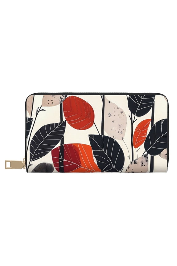 Leather Thin Slim Wallets for Women Men - Modern Abstract Leaf Pattern Clutch Card Wallet for Women Men with Zipper
