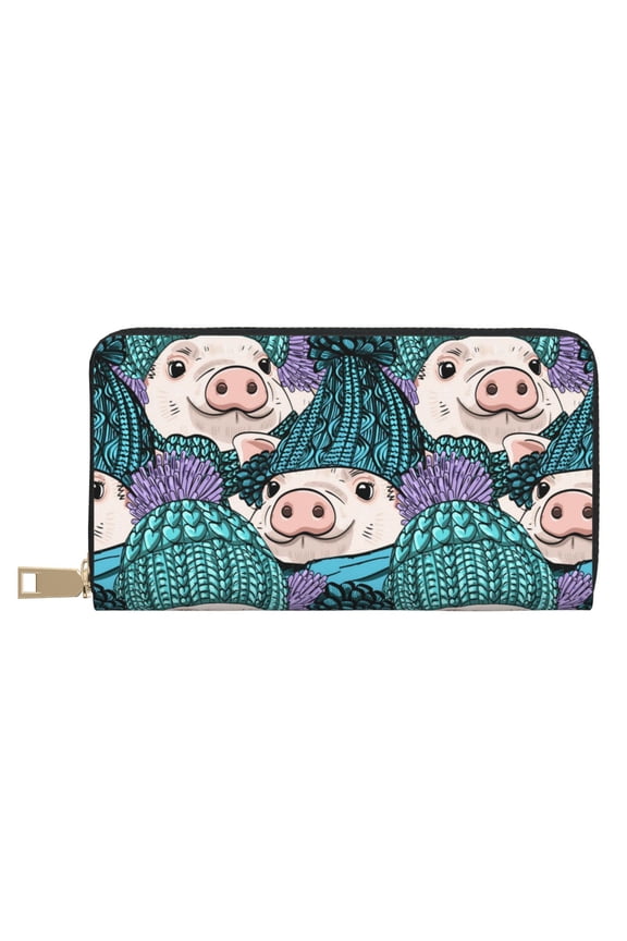 Leather Thin Slim Wallets for Women Men - Modern Cute Hat Pig Clutch Card Wallet for Women Men with Zipper