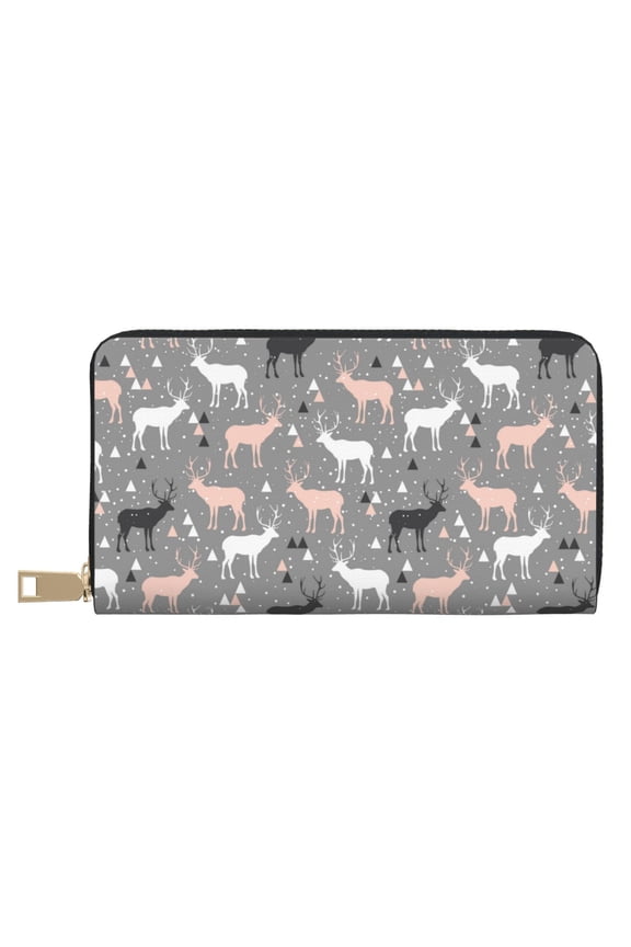 Leather Thin Slim Wallets for Women Men - Modern Deer Geometric Triangle Clutch Card Wallet for Women Men with Zipper
